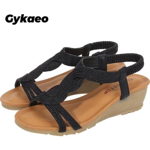 Gykaeo 2021 Summer New Style Casual Slip on Shoes Peep-toe Flat Women Shoes Bohemian Style Weave Stripe Beach Women Sandals