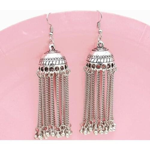 Indian Oxidized Jhumka Jhumki Earrings Gold Sliver Bells Long Tassel Hanging Earring Ladies Statement Earrings Afghan Jewelry