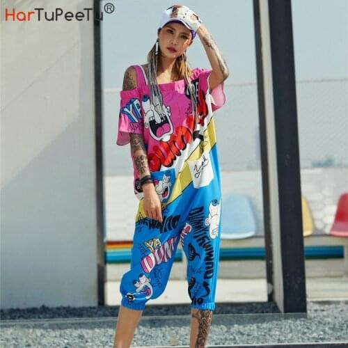 Harajuku Jumpsuit Girls Summer Overalls Plus Size Loose Casual Cute Cartoon Print Colour Block Calf-length Pants Back Zip Pocket