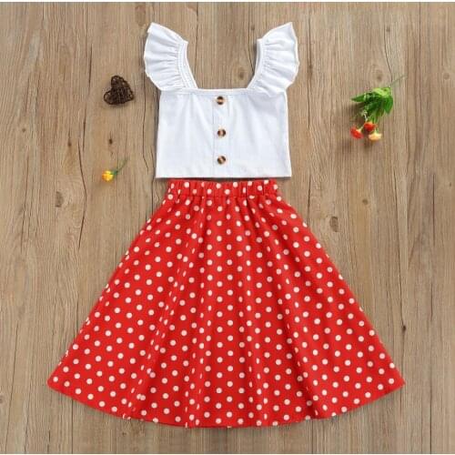 Summer Girls Clothes Set Solid Color Flying Sleeve Square Collar Cropped Button shirt Tops Polka Dot Print Long Skirt Sets