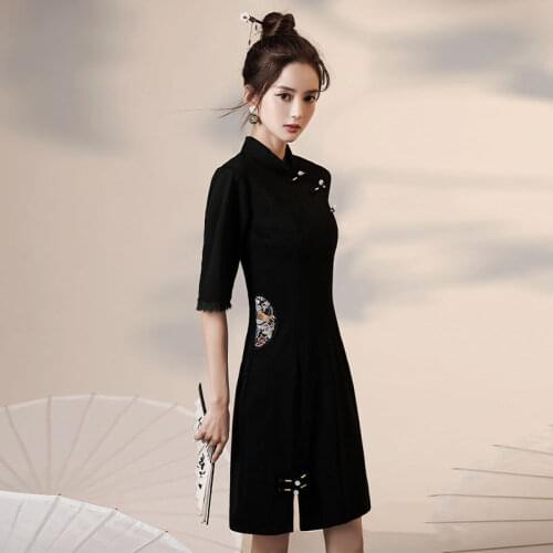 Summer improved cheongsam Chinese style black dress short girls dress