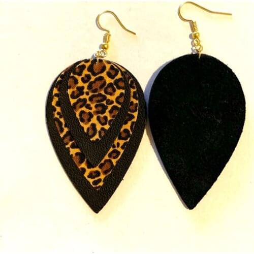 Layered black Faux leather cheetah print fabric teardrop leaf earrings animal petal boho hippie women statement jewelry