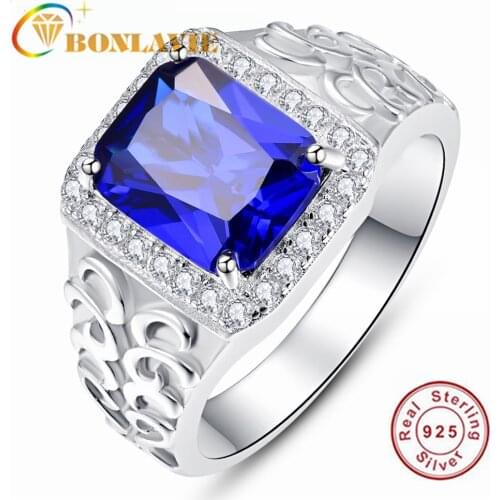 BONLAVIE 925 Sterling Silver Square Sapphire Blue Zircon Grain Relief Mens Ring for Wedding and Engagement