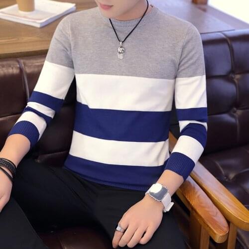 2020 Spring Autumn New Men Sweater Big Stripe Streetwear Casual Slim Fit Male Clothing Long Sleeve Knitted Pullovers O-Neck C252