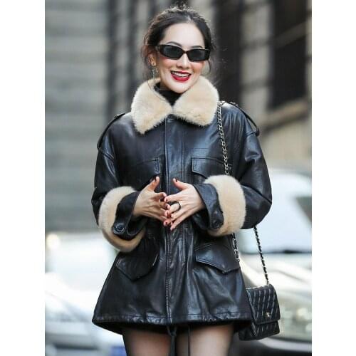 Genuine Leather Jacket Real Mink Fur Collar Sheepskin Coat Winter Jacket Women Warm Down Jackets Chaqueta Mujer MY3926
