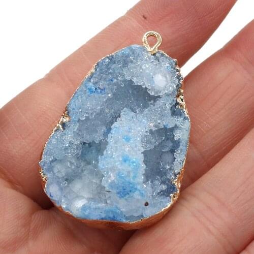Natural Stone Blue Crystal Cluster Drop Shape Charm Pendant for Unisex Jewelry Making DIY Necklace Accessories 25x38-30x42mm