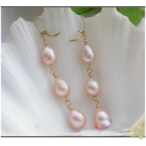 New Arrival Favorite Pearl Jewelry Real Natural 13mm Pink Drip Freshwater Pearls 14k Good Dangle Earrings Charming Lady Gift