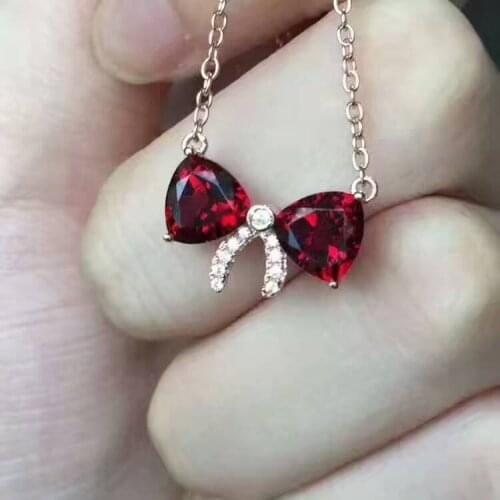 Natural red garnet gem Necklace Natural gemstone Pendant Necklace 925 sliver Elegant Elegant cute bow-knot Girl gift Jewelry