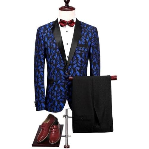 Jacket+Pants) Royal Blue Mens Suit Floral Prom Suits Costume Homme Mariage Slim Fit Floral Printed Blue Black Mix Color Blazer