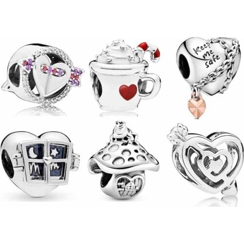 Rose Chained Heart With Keep Me Safe Mushroom & Arrow Crystal Bead Charms Fit Europe Bracelet 925 Sterling Silver Bead Jewelry