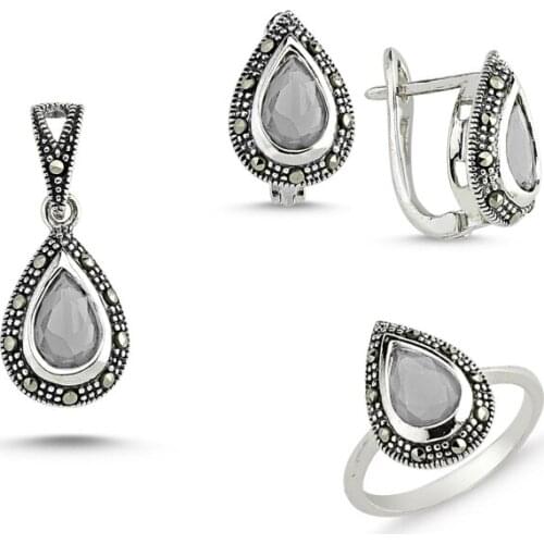 Silver 925 Sterling Marcasite Pendant Earring & Ring Set