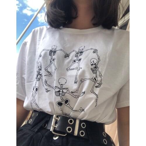 Sunfiz HJN Skeleton Dance T-Shirt Tumblr Grunge Aesthetic White Tee Hipster Art Hoe Shirt
