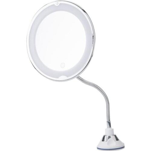 Led Make-up Mirror Suction Cup with Gooseneck Metal Hose 10X Dressing Mirror round 360 Degree Rotating Bathroom Mirror