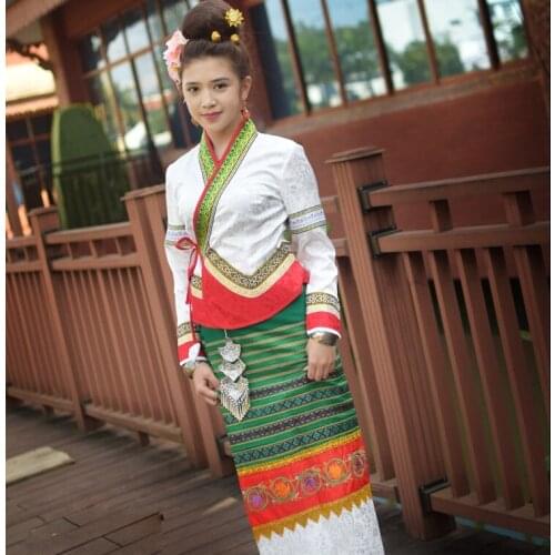 Thailand Traditional Retro Dai Orange White Green Ethnic minority Festival Dresses Yunnan Dai Princess Clothes Jacket + Skirt