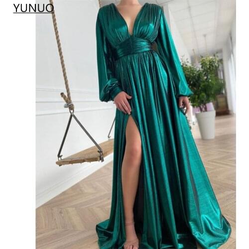 YUNUO Shimmering Teal Long Sleeves Evening Dresses V Neck Side Split платье 2021 A-line Prom Formal Gowns vestidos de fiesta