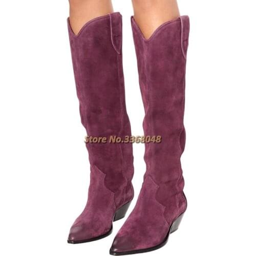 Suede Medium Heel Boots Knee High Slip On Cow Suede Pointed Toe Dress Women Shoes Burgundy Black Brown Knight Boot Block Heels
