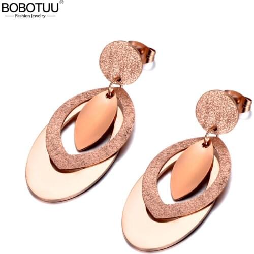 BOBOTUU Neo-Gothic Titanium Stainless Steel Geometric Oval Earrings Jewelry Fashion Frosted Earrings For Women Girls BE20024