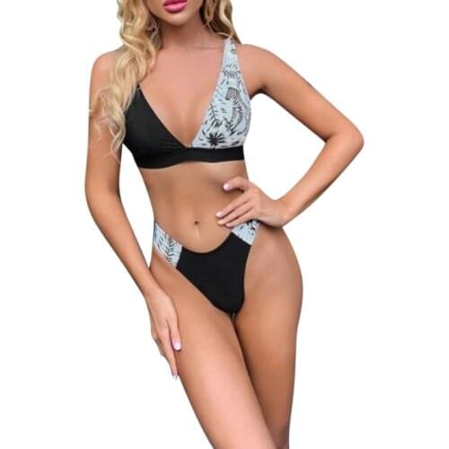 Women Fashion 2-piece Swimming Suit Sleeveless Color Block Tops+Bottoms Set for Ladies