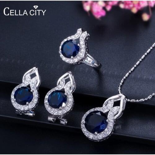 Cellacity Popular Women' S Silver 925 Jewelry Sets Necklace Ring Earrings Fashion 9 Colors Zircon 3-piece-set for Wedding Party