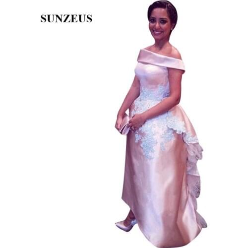 Off Shoulder Pink Satin Evening Dresses For Women Elegant Ankle Length Formal Gowns With Appliques