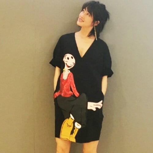 2021 New Commute Temperament Fashion Cartoon Embroidery Sequin Loose V-neck Casual Dress Long Sleeve T-Shirt Top Office Lady