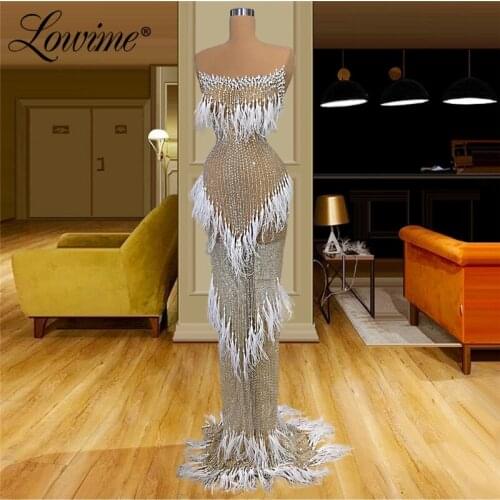 Luxury Heavy Pearls Beading Dubai Illision Evening Dress 2020 Robe De Soiree Aibye Celebrity Dresses Arabic Crystals Party Gowns
