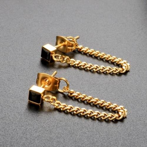 ZMFashion Square Black Crystal Drop Earrings Stainless Steel Charm Unisex Unusual Long Chain Tassel Earrings For Women Jewelry