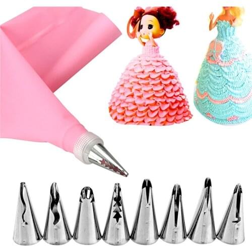 10pcs/set Wedding Cake Decorating Icing Stainless Steel Russian Nozzles Skirt Cake Nozzles Piping Tips Pastry Silicone Cake Bags