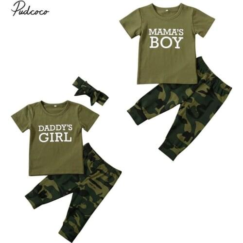 2020 Summer Sister Brother Matching Newborn Toddler Baby Boy Girl Clothes Letter T-shirt Tops Camo Pants Kids 2pcs For Children
