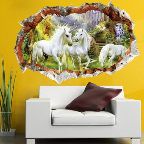 3D Break The Wall Effect Picture Setting Sticker Decorative Kids Nursery Decor Decal Unicorn Horse Forset Wall Stickers Creative