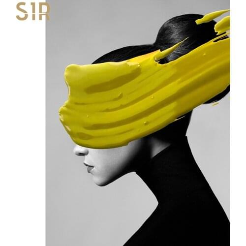 Abstract Beauty Woman Wall Art Posters Black&white Lemon Yellow Gold Foil Canvas Painting Wall Pictures For Living Room Decor