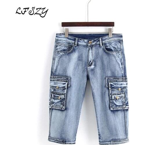 Biker jeans New Modis Retro Washed Old Mens Multi-pocket Cropped Denim Shorts Mens Stretch Denim Shorts