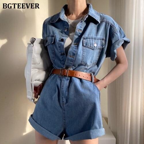 BGTEEVER Stylish Lapel Short Sleeve Women Denim Tracksuits 2021 Summer Single-breasted Pockets Slim Waist Belted Ladies Jumpsuit