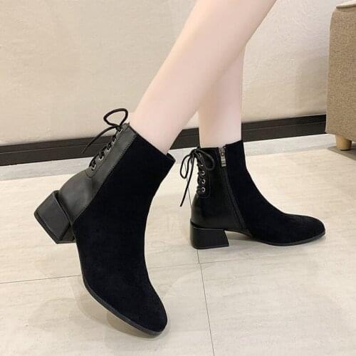 New Women Ankle Boots Suede Zipper Lace Up Ladies Short Boots Pointed Toe Square Heels Woman Casual Shoes Female Boot 2021