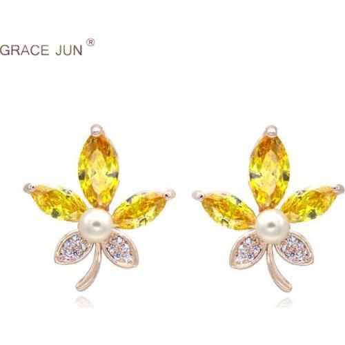 GRACE JUN Gold Color AAA Cubic Zircon Maple Leaf Clip Earrings and Pierced Earrings for Women Elegant Lightweight Earrings New