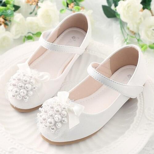 New Flower Children Girls Leather Shoes For Little Girls Kids Korean Pearls Beading Princess Baby Casual Dance Single Shoes New