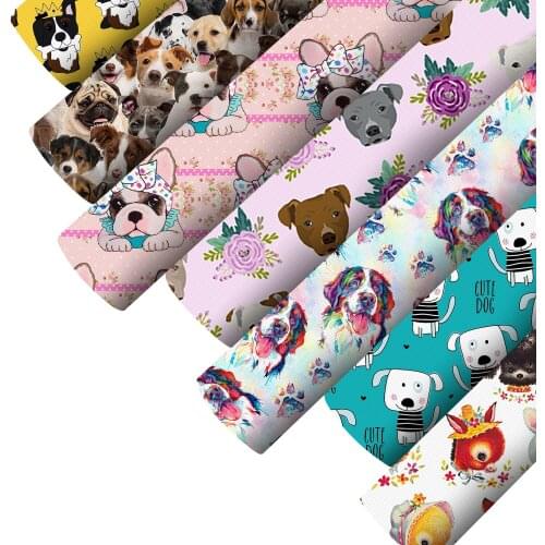 Smooth Faux Leatherette Sheets Dogs Puppy Printed Synthetic Leather Fabric For Bows Crafts DIY Handmade Material,1Yc19306