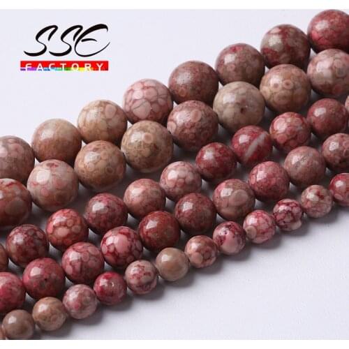 Round Natural Chrysanthemum Stone Beads Coral Fossils Red Loose Beads For Jewelry Making DIY Bracelets Accessories 6 8 10 12MM