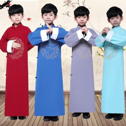 Childrens Ancient Long Robes Crosstalk Gown Vintage Adult Tang Costumes Chinese Style Mandarin Collar Gown Students Costume