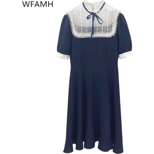 Sweet and lovely lace mesh bow knot round neck slim bubble short-sleeved dress 2021 summer new plus size womens clothing