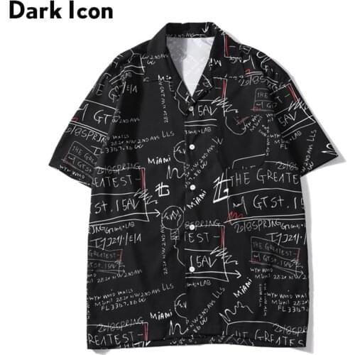 Dark Icon Graffiti Printed Retro Shirt Men 2019 Summer Turn-down Collar Hip Hop Shirts Men Short Sleeved Street Mens Shirts