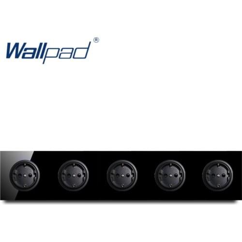 Wallpad Crystal Tempered Pure Black Glass Panel 16A 5 EU German Standard Wall Power Socket Outlet Grounded