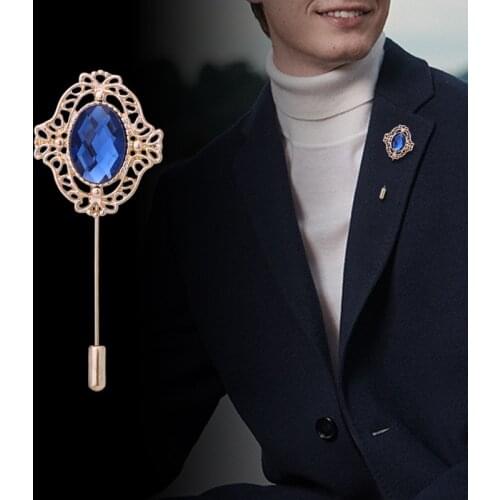 New Vintage Hollow Pattern Brooch Crystal Long Needle Lapel Pin and Brooches Fashion Suit Shirt Badge for Men Accessories