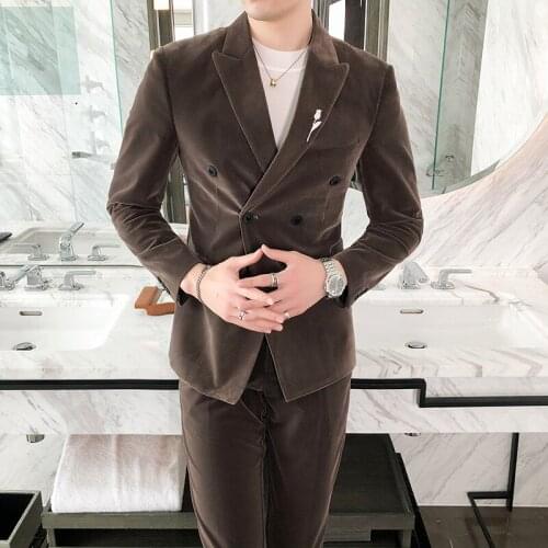 Solid Color Men Two Piece Suit Velveteen Slim Fit Business Casual Suits 2021 Spring New Wedding Groomsman Formal Costume Homme
