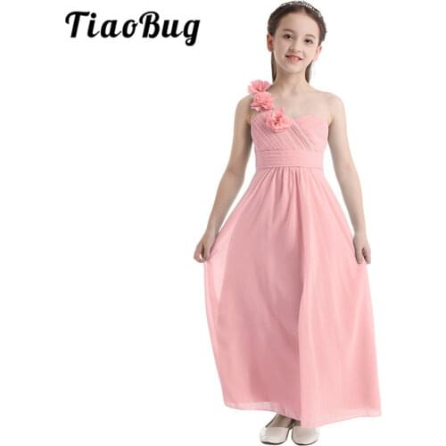 4-14Y Girls Dress Formal Party and Wedding Bridesmaid Maxi Dress with Flower Kids Girls Summer Chiffon One-shoulder Dress