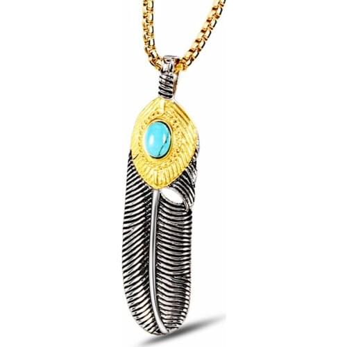 RIR Sky Blue Natural Stone Gold Feather Necklace Stainless Steel Mens Punk Rock Fashion Gothic Wings Angel Pendant Charms Unisex