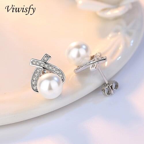 Viwisfy Luxury Crystal Pearl Earrings Studs Solid Sterling 925 Silver Earring For Women Elegant Jewelry Stud Earrings VW21023
