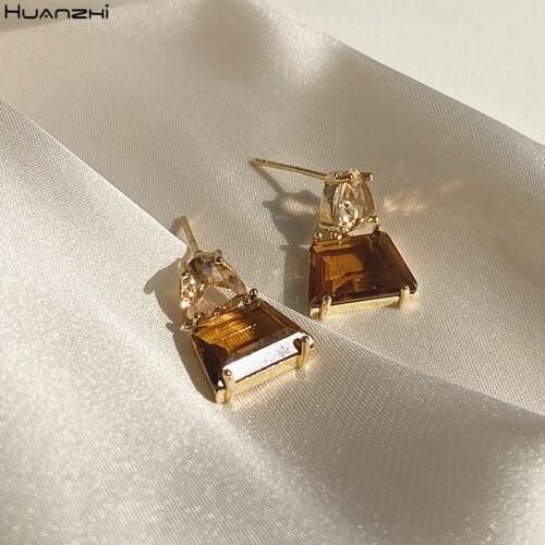 HUANZHI 2020 New S925 Korean Retro Champagne Color Crystal Geometric Trapezoid Splicing Stud Earrings For Women Girls Jewelry
