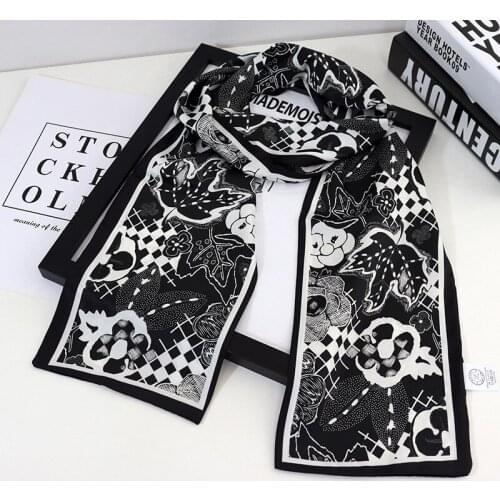 Spring And Autumn Ins Retro Print Wide Long Silk Scarf Female Stripe Wrist Tie Hair Ribbon Long Bag Belt Hair Belt For Women