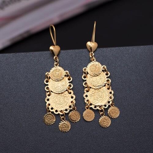 Wando Gold Color Money Coin Earrings Bride Islamic Muslim Arab Coins Earrings for Women Men Middle Eastern Jewelry African Gifts